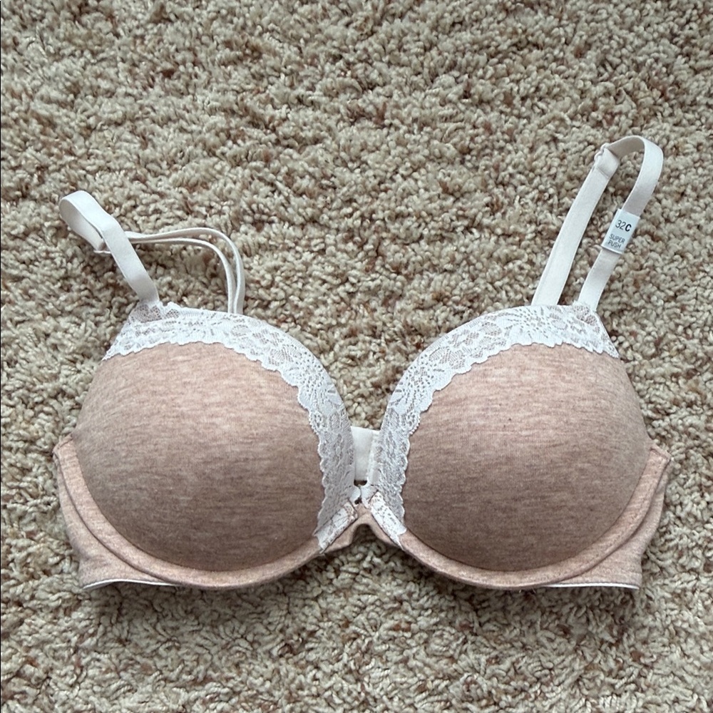 PINK Victoria's Secret Lace wear everywhere super push up bra tan & cream